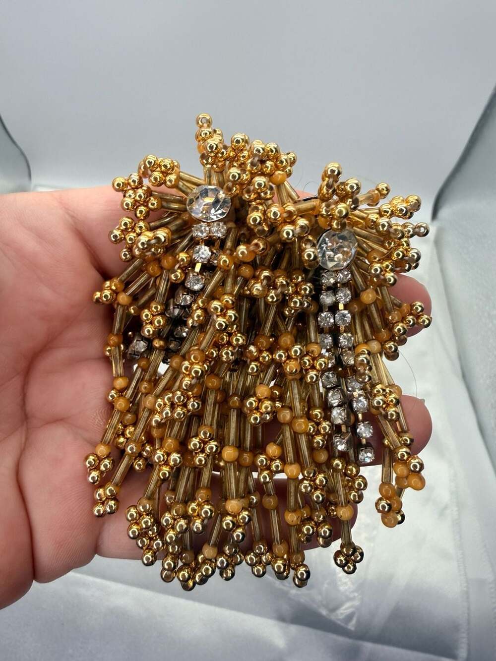 Vintage Gold Bead Fringe Statement Clip-On Earrings